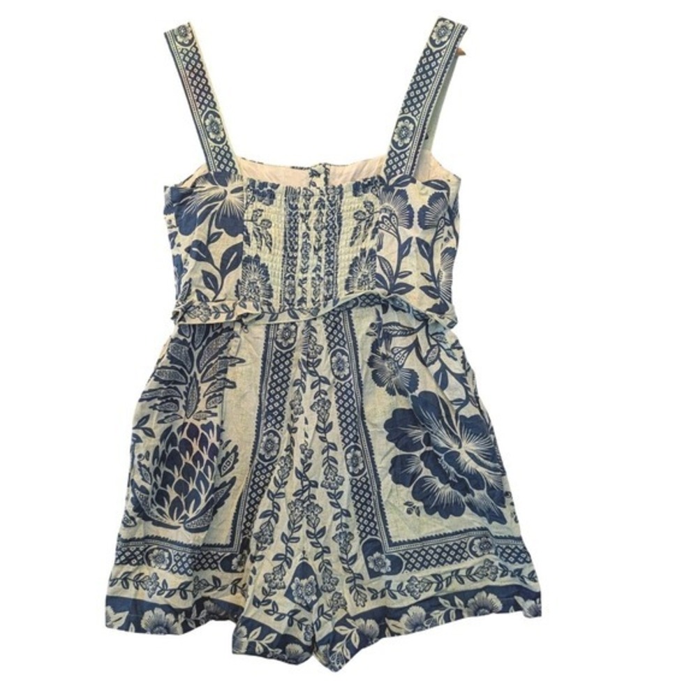 Farm Rio Blue Pineapple Floral Button Front Smocked Back Romper Small SN 300714 - Picture 2 of 14